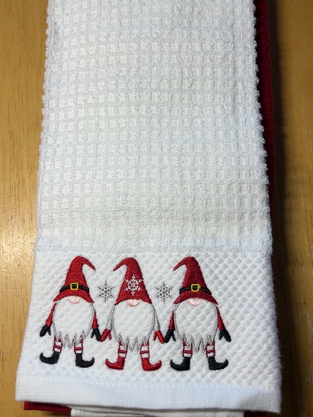 Festive Red Gnome Embroidered Kitchen Towels Set